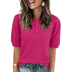 AKEWEI Sweaters for Women Crew Neck Short Sleeve Tops Knit Button Down Shirts Pullover Sweater