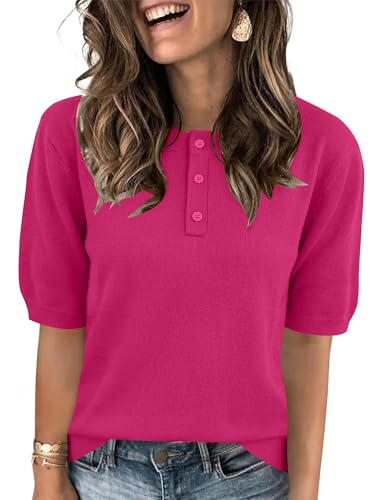 AKEWEI Sweaters for Women Pink Sweater Trendy Short Sleeve Sweaters Basic Crew Neck T Shirts Dressy Knit Pullover Fall Clothes Rose Red