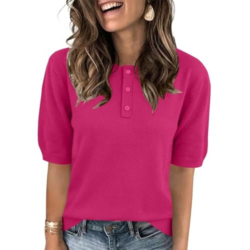 AKEWEI Sweaters for Women Crew Neck Short Sleeve Tops Knit Button Down Shirts Pullover Sweater
