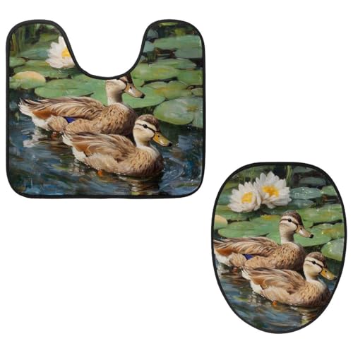 VAPOKF 2 Pieces Pedestal Bathroom Rugs Set, U-Shaped Contour Mat and Toilet Lid Cover, Soft Non-Slip Flannel Bathroom Mat Toilet Seat Cover - Ducks on Lotus Pond