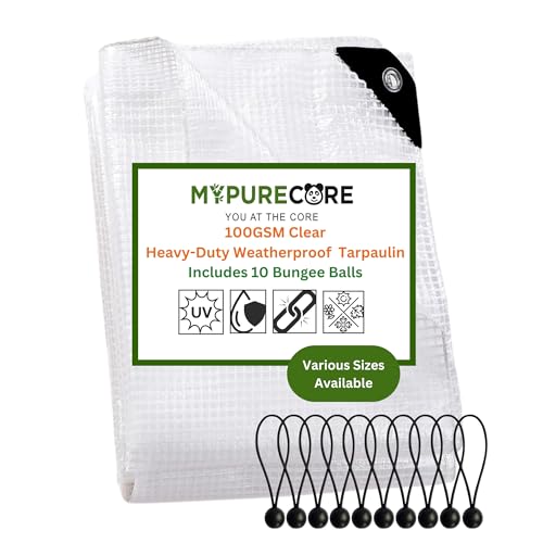 MYPURECORE Clear Weatherproof Tarpaulin 100GSM with 10 Bungee Balls – Heavy Duty Weatherproof Tarpaulin with Reinforced Edges & Eyelets – Transparent Tarp for Garden & Outdoor Use (4m x 6m)