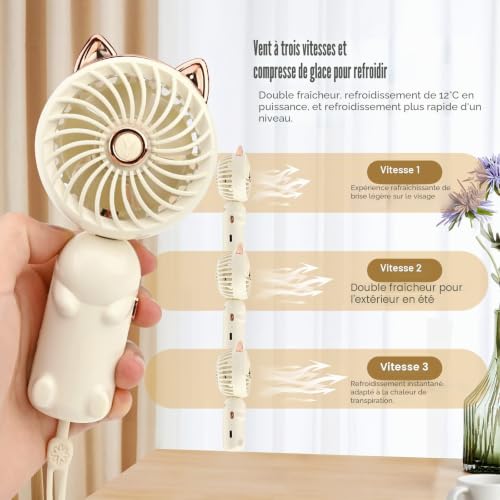 Gukasxi Mini ventilateur portable pliable USB avec batterie rechargeable, petit ventilateur personnel 3 vitesses pour bureau, intérieur, extérieur, voyage, maquillage (blanc) – vue 4