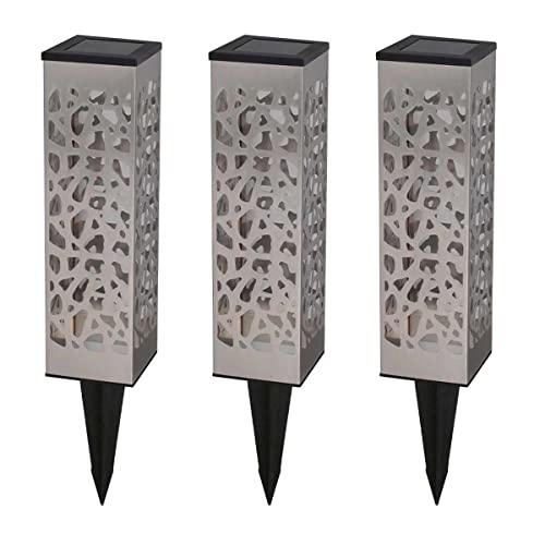 Lumisky Lot de 3 balises solaires à piquer ou à poser ombre portée LED blanc chaud ORGANIC INOX H31cm
