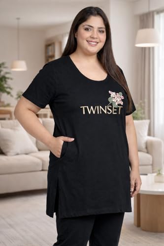 Image of RYSH Women's Printed Cotton Plus Size Longline T-Shirt with Pockets | Cotton fabric - soft longline T-shirt with easy plus-size fit