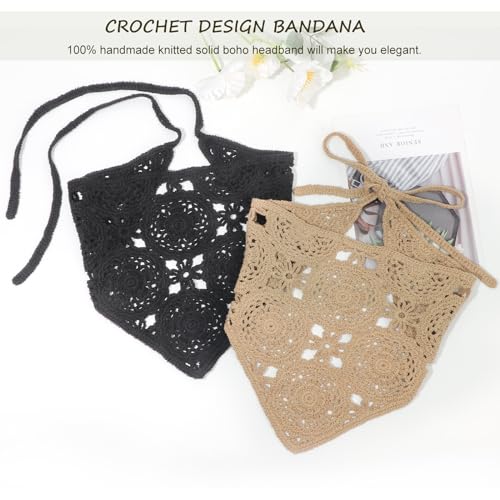 Image of DRESHOW Floral Crochet Hair Bandana Tie Knotted Headscarf Vintage Headband Knitted Head Kerchief for Women Girls