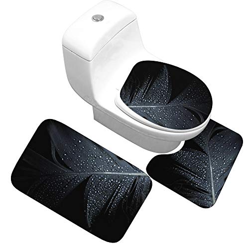 Badteppich Set,Badematten Teppich-Set 3-Teilig Schwarze Wassertropfenfedern 3D-Druck Rutschfeste Badematten Weiche…