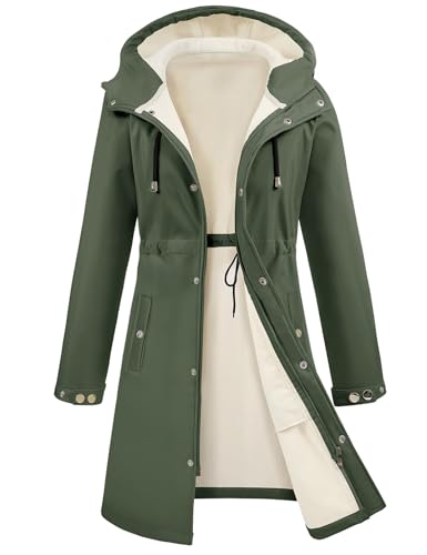 UMIPUBO Damen Softshell Lange Regenjacke Wasserdicht Fleece Gefüttert Windbreaker Leicht Isoliert Warm Up Mantel mit Kapuze, Militär, Grün, XXL