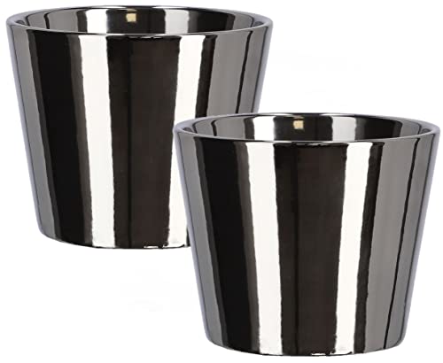 KOTARBAU® 2er Set Kleiner Keramik-Blumentopf ⌀ 11 cm Glasiert Silber Glänzend