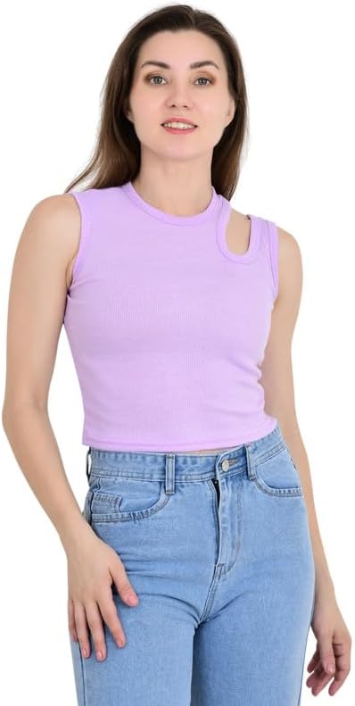 Ommy Cotton Blend Solid Crop Top Boat Neck Shoulder Side Cut Sleeveless Ribbed Tan Tank Tops Stretchable Top for Women