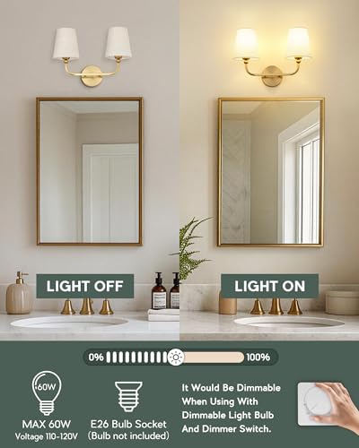 Image of 2-Light Bathroom Light Fixtures, Brushed Gold Vanity Lights, Double Wall Sconce with Linen Fabric Shade, Modern Sconces Wall Lighting for Hallway Bedroom Stairway, VL837-BG-A-2