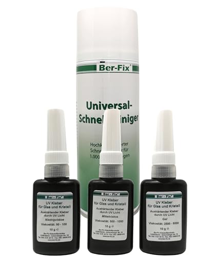 Ber-Fix Juego de pegamento UV: 3 x 10 g solución experta para cristal de metal + limpiador de 400 ml – viscosidades variables para máxima adherencia, aplicación precisa y secado rápido