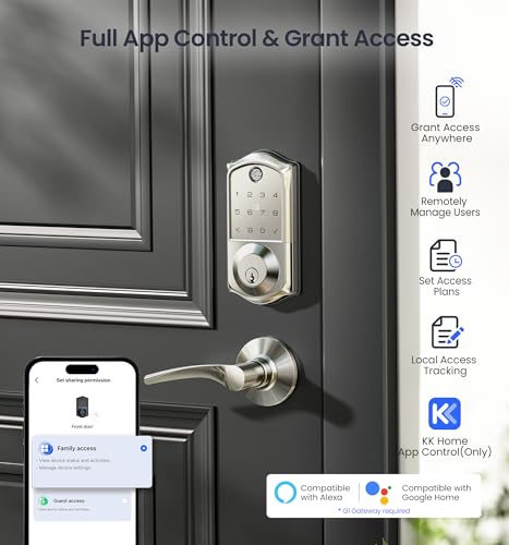 Veise VE017 Fingerprint Smart Door Lock, App Control, 8-in-1 Keyless Entry, Auto Lock, Emergency Power Port, Electronic Touchscreen Keypad, Biometric Smart Locks for Front Door, Satin Nickel