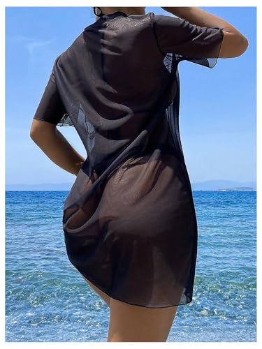 WDIRARA Women's Goth Graphic Sheer Mesh Cover Up Short Sleeve See Through Beach Dress2
