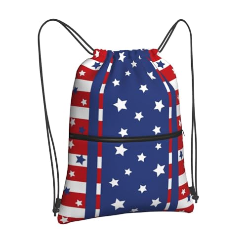 Image of Patriotic Stars Stripes 4th of July Drawstring Bag, Memorial Day Independence Day Red Blue Waterproof Drawstring Bckpack for Gym Sports, Sackpack Bag with Front Zipper Pocket and Inside Zipper Pocket