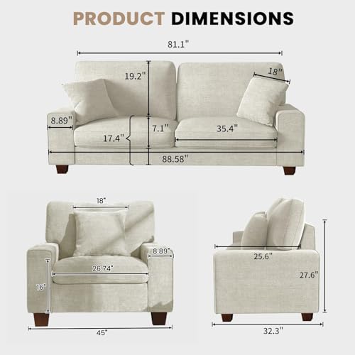 Image of DOPEDIO Modern Living Room Sofa Set, 88.58 inch Chenille Loveseat with 2 Accent Chairs, Removable Covers, Spring Cushions, Solid Wood Frame, Easy Assembly(88.58inch+2 Single,Beige)