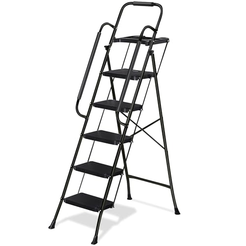 Smartxchoices 5 Step Ladder with Handrails and Tool Tray, Folding Step Stool with Wide Anti-Slip Pedal, Heavy Duty Steel Step Ladder for Home Kitchen Office Shop, 330 lbs Load Capacity, Black