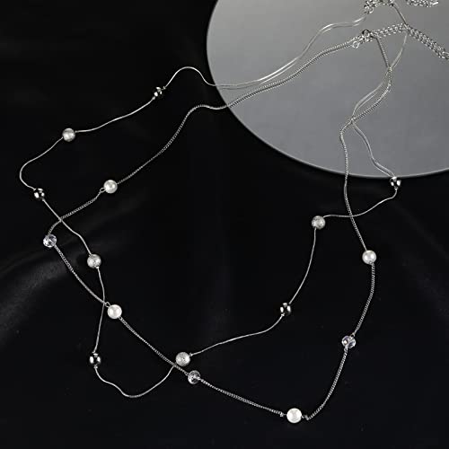 Silver Layered Long Necklace for Women Pearl Crystal Sweater Strand Chain Necklaces Fashion Gifts3