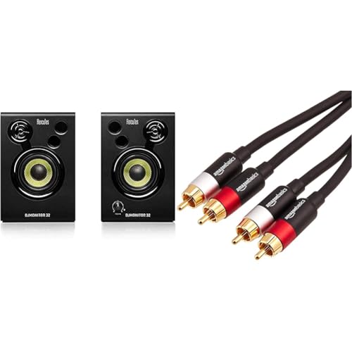 Hercules DJMonitor 32-2 Enceintes de Monitoring Actives de 15 Watts RMS chacune & Amazon Basics Câble Audio RCA 2 mâles vers 2 mâles - 2.4 m, Rouge/Blanc