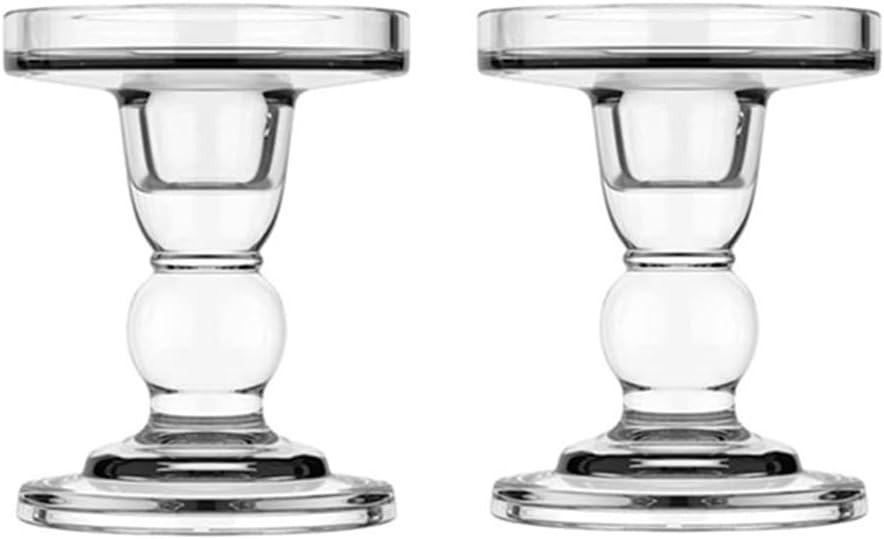 2Pcs Glass Candle Holders,Crystal Glass Candle Holder,Clear Pillar Taper Candlestick for Wedding, Party, Holiday Decoration (Small)
