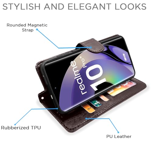 Image of Pikkme Realme 10 Pro Plus 5G Flip Cover Leather Finish | Inside TPU with Card Pockets | Wallet Stand and Shock Proof | Complete Protection Flip Case (Coffee)