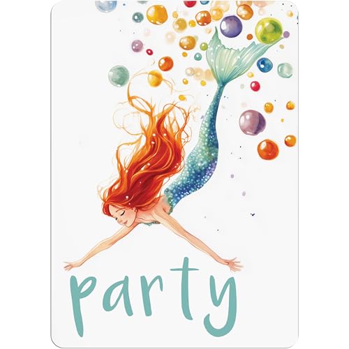 PACKLIST Cartões de convite de aniversário e festas: 12 cartões de aniversário personalizados com sereia para a sua festa! Com este convite a celebração será um sucesso. Let's Party!