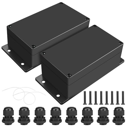 VAIGU:OA Black ABS Plastic IP65 Outdoor Waterproof Junction Box, Pack of 2, Size 158 x 90 x 65 mm, M16 for Diameter 4-8 mm Cable, Surface-Mounted with 8 Connections