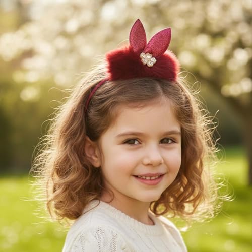 Image of Alvero 1Pc Fluffy Bunny Ear Hairband for Girls, Soft Faux Fur Headbands with Glitter Ears & Floral Design - Cute Kids Hair Band for Party, Birthday (Any Random Color)