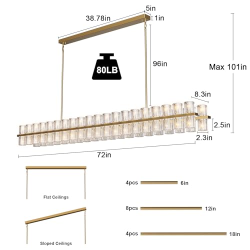 Image of Crystal Brass Rectangular Chandelier Light Fixture,72 in Dining Room Chandeliers Over Table,Modern Chandelier For Living Room,Arcachon Chandeliers,Kitchen Island Chandelier,Includes 80xG4 Bulbs