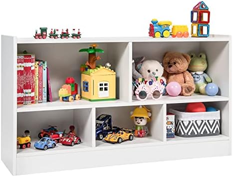 Costzon Toy Storage Organizer for Kids, 5-Section School Classroom Storage Cabinet for Organizing Books Toys, Wooden Bookshelf Daycare Furniture for Playroom, Kids Room, Nursery, Kindergarten (White)