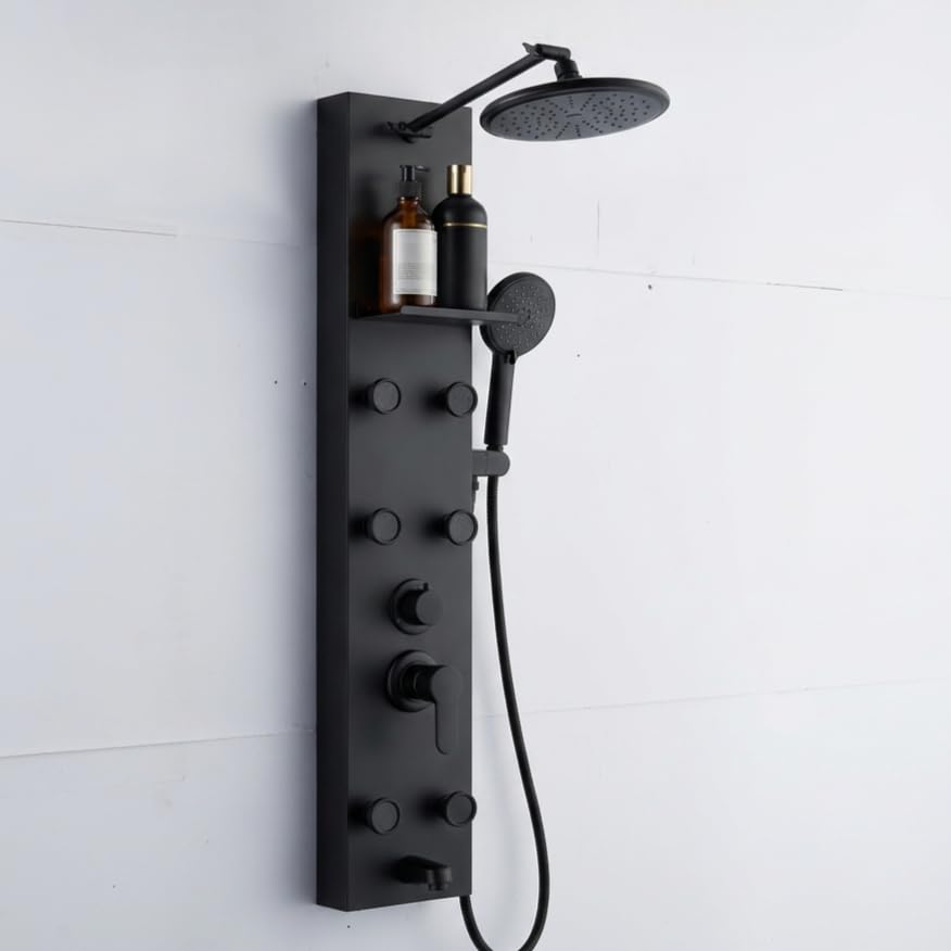 Image of Backline All In 1 Shower Panels for Bathroom 304 SS Hot & Cold Water Adjustable | 3 Function Handshower with Waterfall Shower /Tub Spout /Body Spray /Storage Rack (Black Matt)