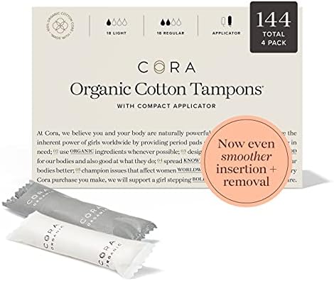 Cora Organic Tampons | Light/Regular Absorbency Variety Pack | 100% Cotton Core, Unscented with BPA-Free Applicator | Leak Protection, Easy Application | Non-Toxic, Hypoallergenic (144 Count)