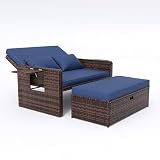 Amopatio Wicker Outdoor Daybed, Outdoor Loveseat with Storage Ottoman, Rattan Patio Daybed, Patio Loveseat with 4-Level Adjustable Backrest & Folding Tray, for Yard, Balcony, Porch, Poolside, Blue