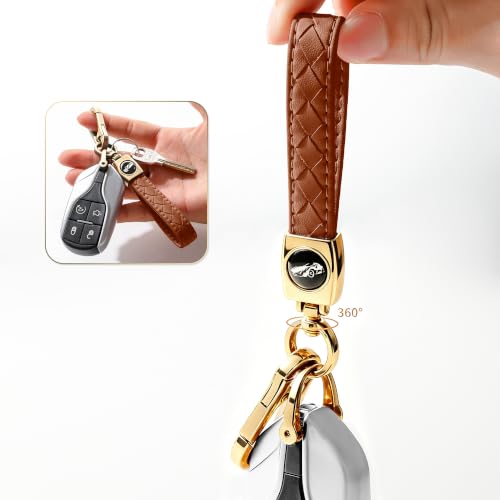 Image of Gkeygo Carabiner Keychain, Universal Heavy Duty Woven Handmade Leather Key Chain, Car Fob Key Keychains with 360 Degree Rotatable Snap Swivel and Anti-Lost D-Ring for Men and Women,Light Gold - Brown