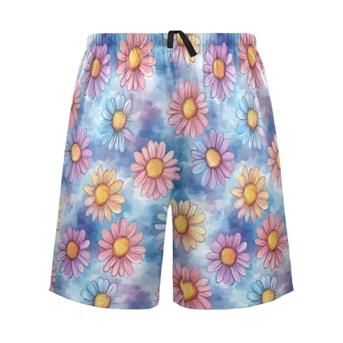 Men's Pajama Shorts Watercolor Daisy Sleep Shorts for Men Pajama Bottom Pants with Drawstring & Pockets S2