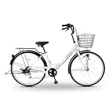 自転車 シティサイクル ママチャリ 買い物 通勤通学 街乗り 婦人車 大型カゴ 折りたたみ自転車 26インチ シマノ外装6段変速 LEDライト カゴ付き リング錠付き お出掛け 新生活 人気 プレゼント【MAKTA】 (両足スタンド・オートライト, ホワイト)