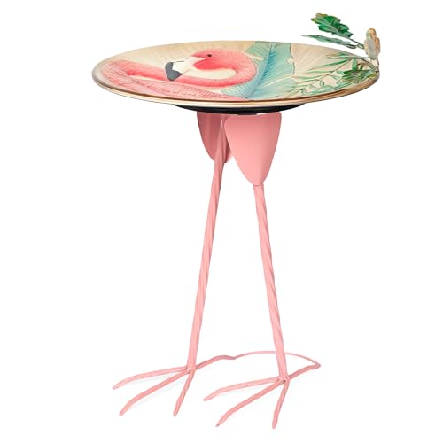 Alpine Corporation ORS876 Outdoor Metal Birdbath w/ Stylish Stand, Flamingo Pattern Birdbath Bowl and Stand, 23"H, Pink/Blue