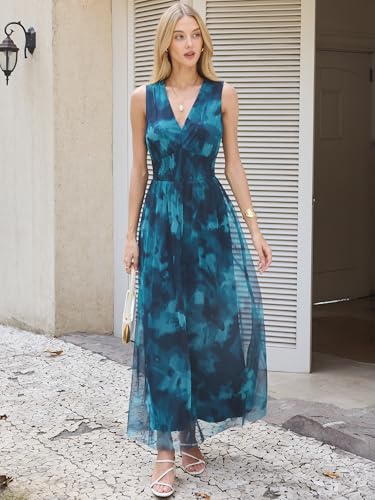 Image of ANRABESS Women's Floral Tulle Wedding Guest Maxi Dress | V Neck Sleeveless,A-Line Elastic Waist,Casual Flowy Formal Boho,Bridal Shower Garden Party Beach Vacation,Summer Fall