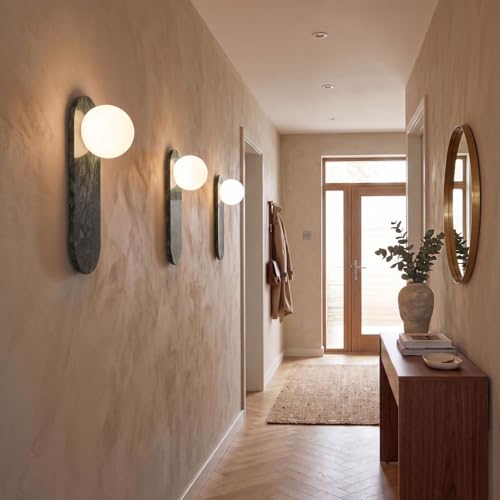Image of Modern Green Marble Wall Sconce, Natural Stone Wall Lamp with Etched Opal Glass Shade, Mid-Century Minimalist Hardwired Wall Light for Bathroom Vanity, Bedroom, Living Room, Hallway 13.8in