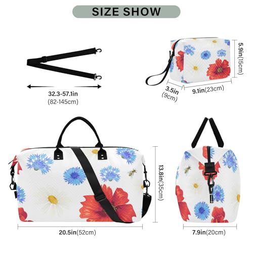 Poppies Daisies and Cornflowers Travel Duffle Bag, Large Weekender Overnight Bags for Women Men Waterproof Carry on Shoulder Tote Bags for Hospital Maternity Mommy Gym with Toiletry Bag3