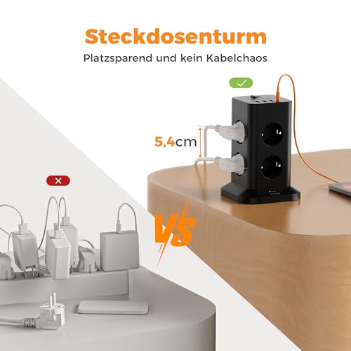 TESSAN Mehrfachsteckdose mit USB C und 3 USB A, 8 Fach Steckdosenleiste Überspannungsschutz, Verlängerungskabel 2M, Mehrfachstecker 3600W, Steckdosenturm Verteilersteckdose für Zuhause, Schwarz 6
