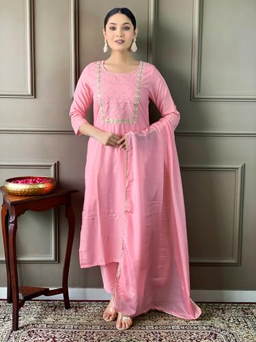 Image of Naixa Women's Viscose Embroidered Straight Kurta with Viscose Pant and Silk Blend Printed Dupatta Sets (NK-430)