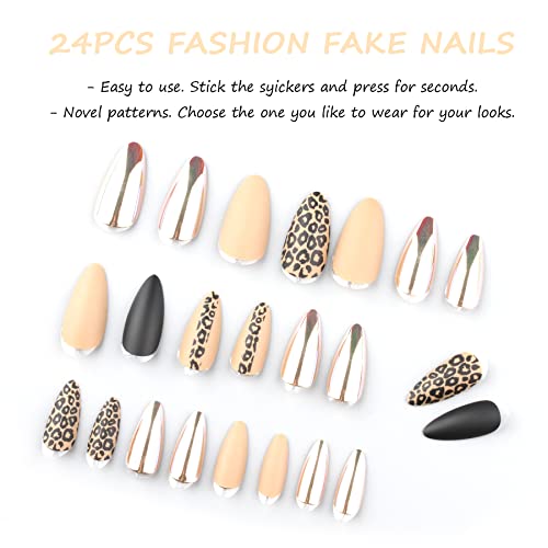 Vivid Tella Leopard False Nails Chrome Press On Almond Nails Black Matte Acrylic Nails Tips Metal Print Reusable Wear Salon Party 24Pcs/Set #TOP2