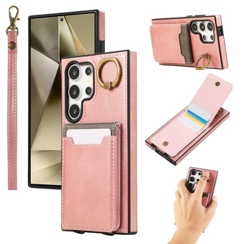 Housse Galaxy S24 Ultra en cuir premium rose avec fentes cartes et béquille intégrée