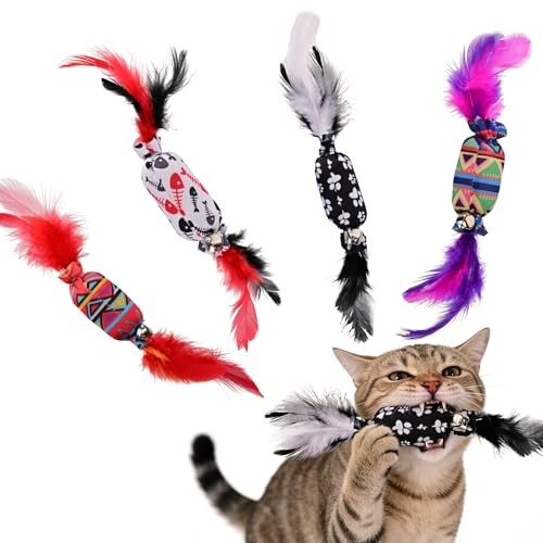 Image of ZUIMEIHQH 4 Pack Cat Feather Toy, Feather Cat Toys with Jingle Bells Crinkle Interactive Cat Toy Candy Shape for Indoor Cats Kitten Kick Bite Chew Toy Home Alone Daily Play