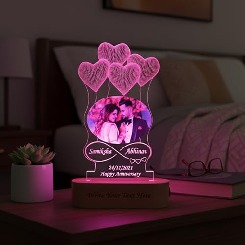 Image of Personalized 3D Illusion LED Night Lamp with Custom Heart-Shaped Photo and Engraving for Couple Gift Anniversary, Wedding, Marriage, Valentine Day Girlfriend Boyfriend- Multicolor