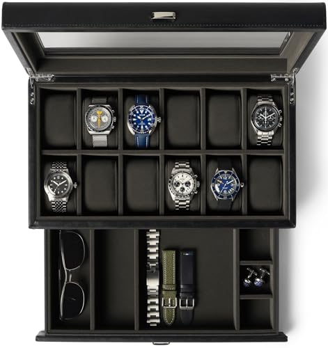 Boîte à montres en cuir noir pour homme – Boîte à montres à 12 emplacements avec tiroir de rangement – Améliorez votre collection avec cette boîte à montres en cuir synthétique noir de qualité