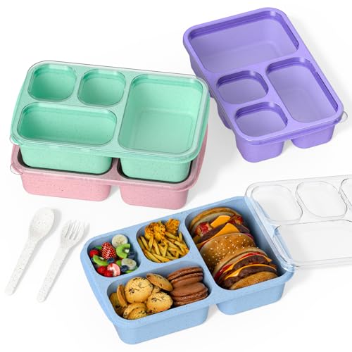 Suwine Bento Box 4-Pack 5-Compartment Meal Prep Containers, BPA-Free Plastic, Stackable Food Storage Lunch Boxes for Adults and Kids, School Work Travel (4 Colors)