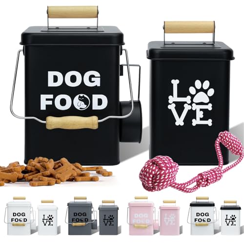 Set Von 2 Metall-Hundefutterbehältern-24,5x14,5cm&21,8x12cm, Schwarz Großer Niedliches Leckerli-Glas Mit Deckel, Inklusive Löffel und Hundespielzeug, Futterbehälter Haustiere Für Küchenarbeitsplatte