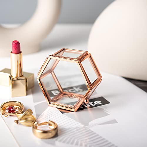 Feyarl Jewelry Trinket Glass Box Ornate Ring Earring Box Preserved Flower Glass Box Organizer Decorative Box Storage (Rose Gold) #TOP4