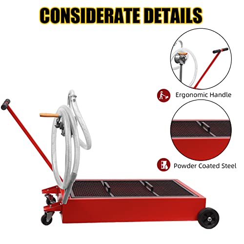 CHEINAUTO 20 Gallon Oil Drain Pan, Oil Drain Tank Foldable 76L Low Profile Oil Drain Pan, Large Capacity Oil Change Pan, with Pump, Hose, Swivel Casters Wheels Red - Thumbnail 4